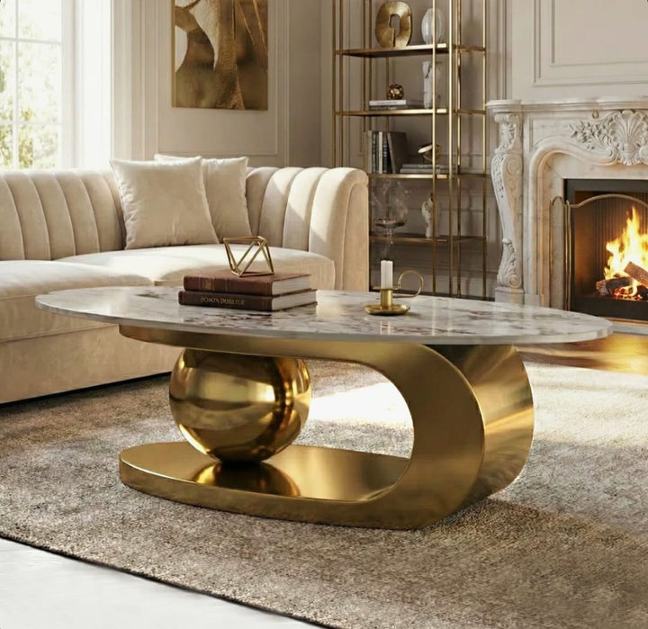 Luxurious Oval Coffee Table with Gold Base and Sintered Stone Top