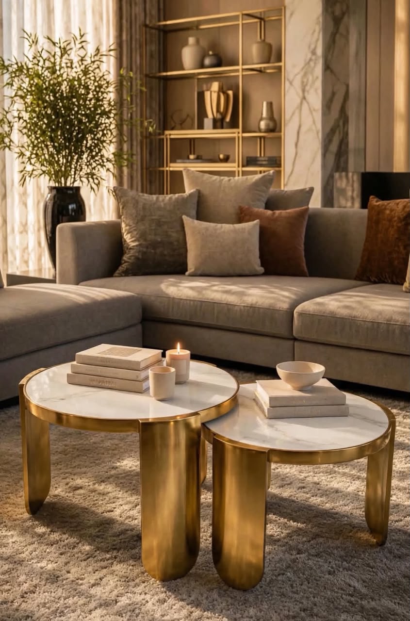 Celeste Duo White Marble Gold Coffe Tables Set of 2