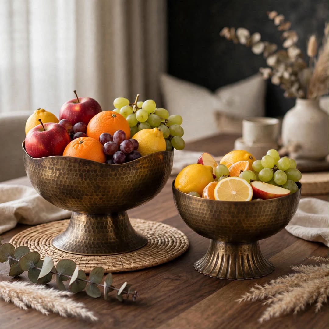Luna Antique Brass Pedestal Fruit Bowl Set of 2