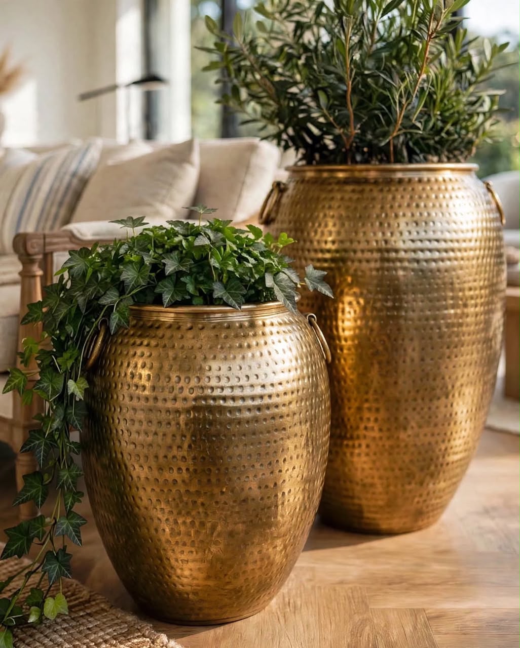 TriBelle Golden Dots  Hammered Brass Planter Set of 2