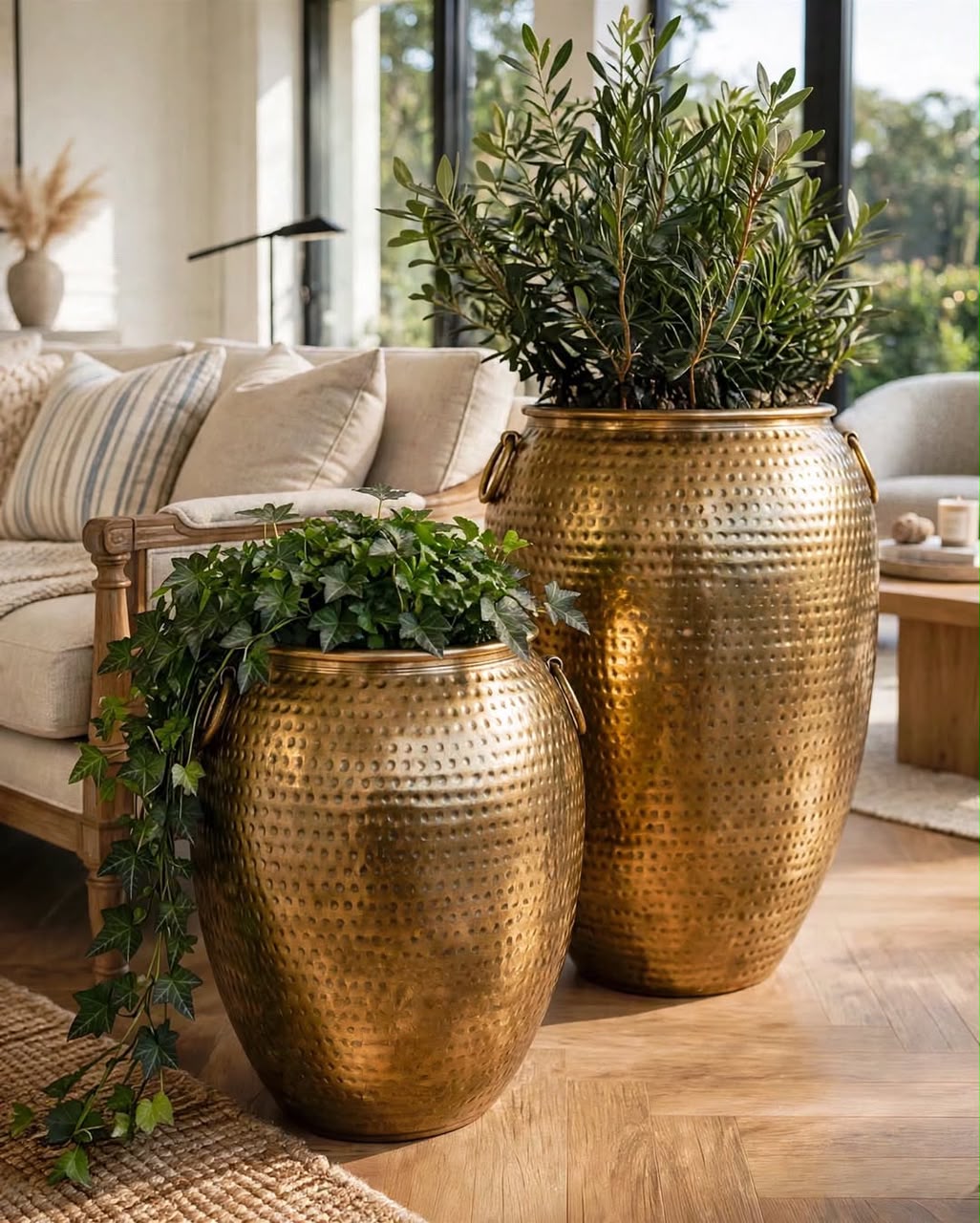 TriBelle Golden Dots  Hammered Brass Planter Set of 2