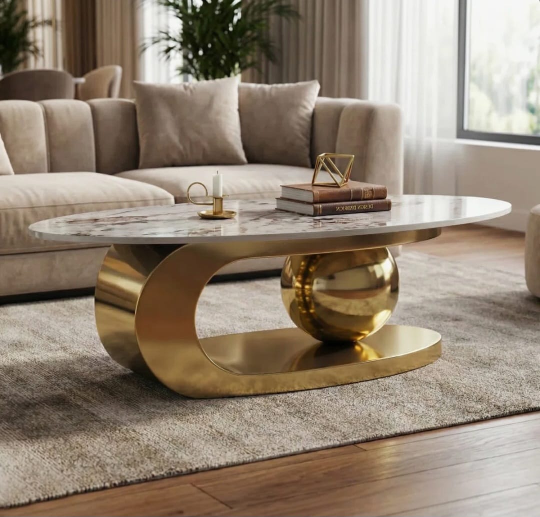 Luxurious Oval Coffee Table with Gold Base and Sintered Stone Top