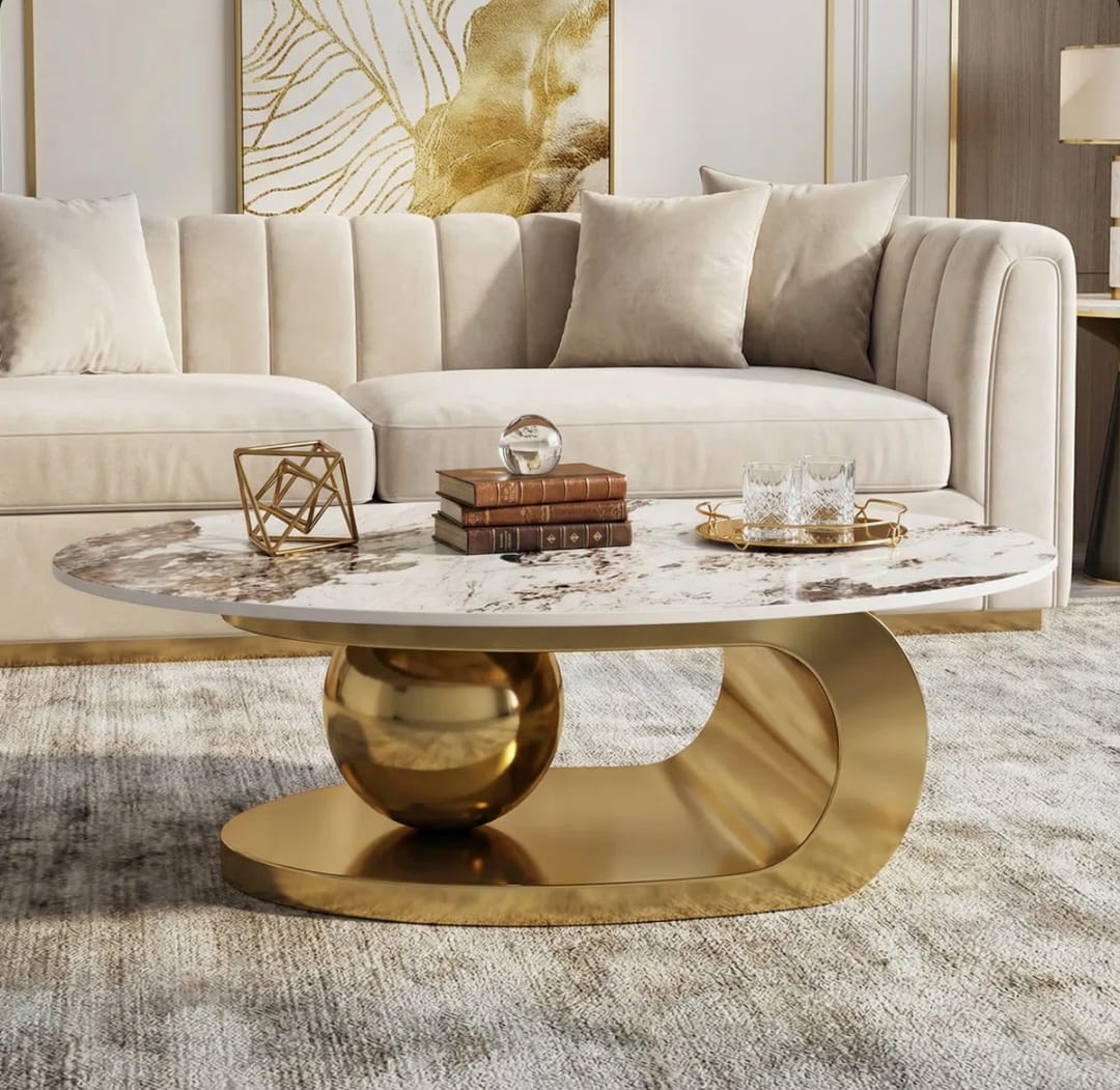 Luxurious Oval Coffee Table with Gold Base and Sintered Stone Top