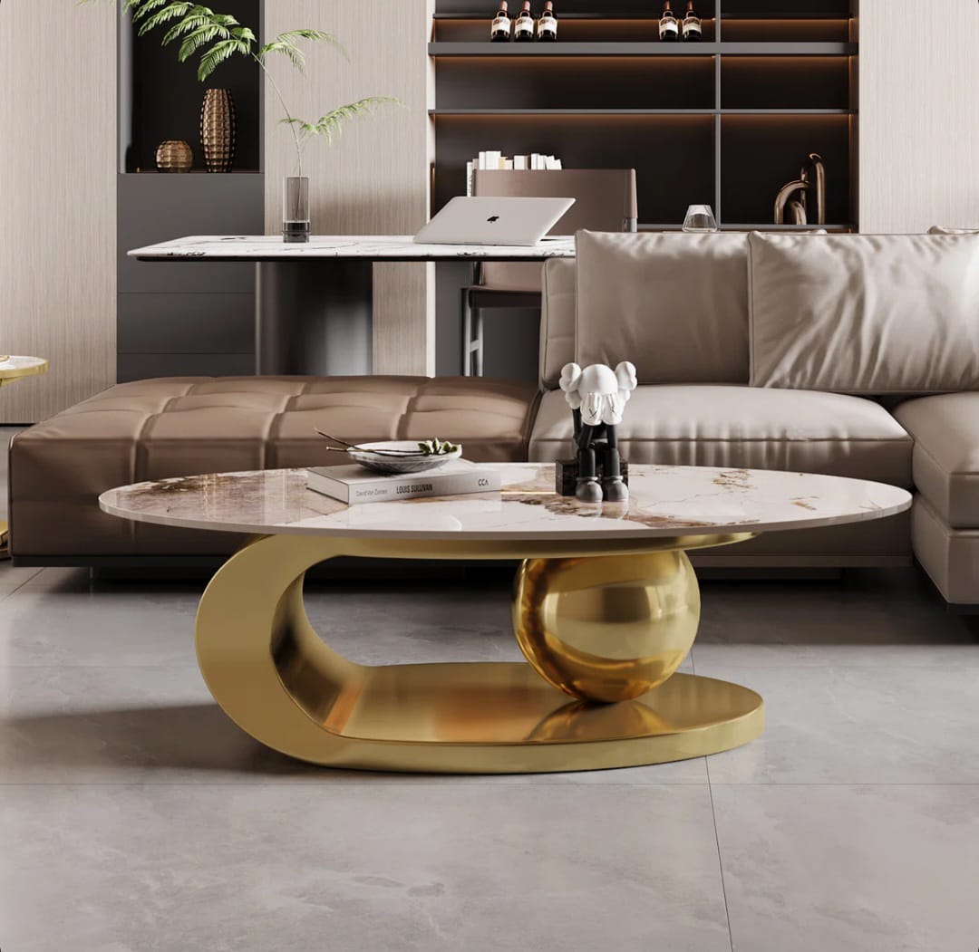 Luxurious Oval Coffee Table with Gold Base and Sintered Stone Top