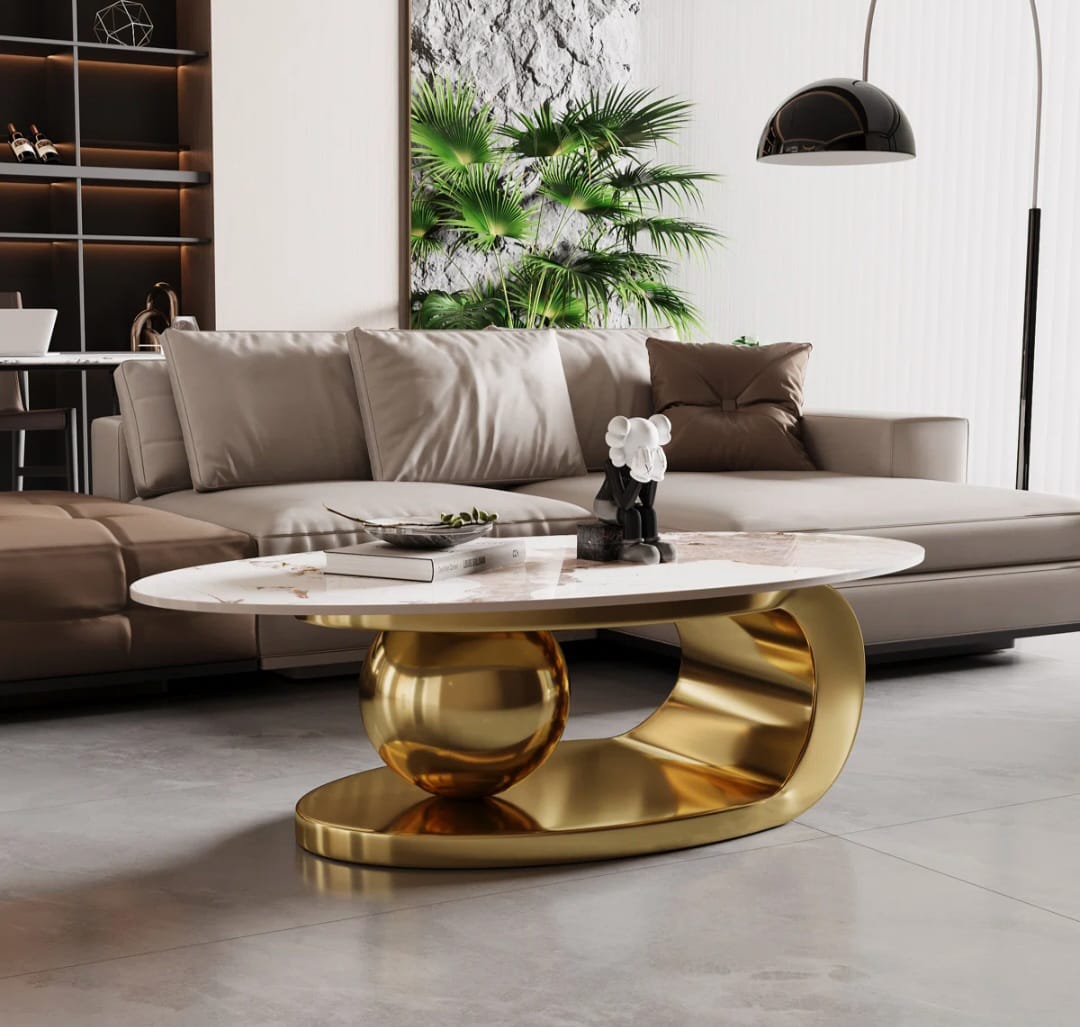 Luxurious Oval Coffee Table with Gold Base and Sintered Stone Top