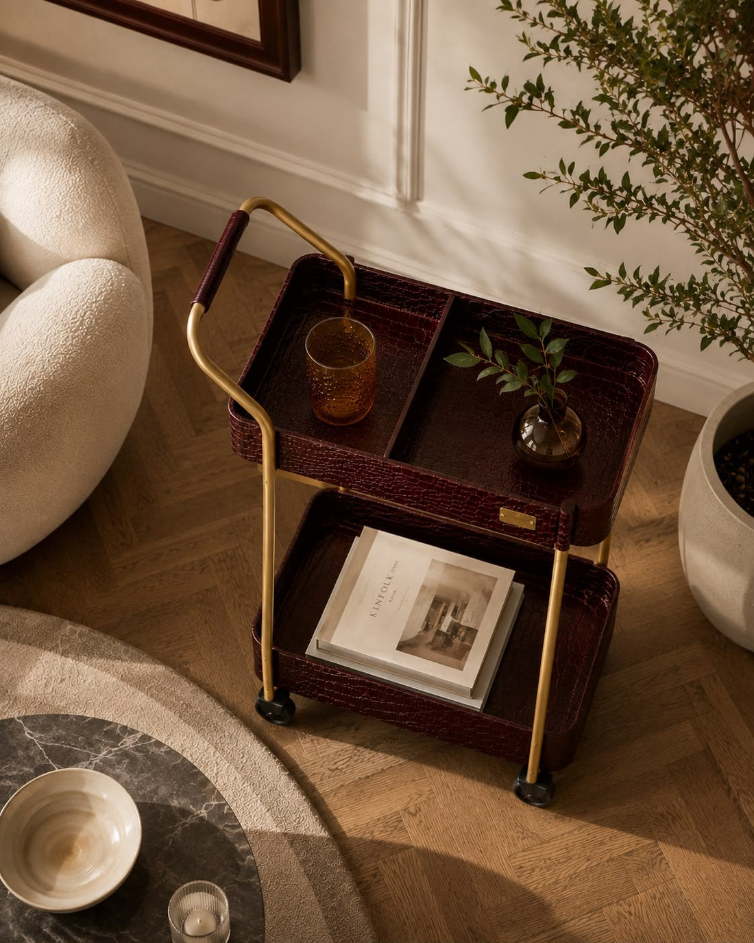 Luxe Burgundy Crocodile Bar Cart