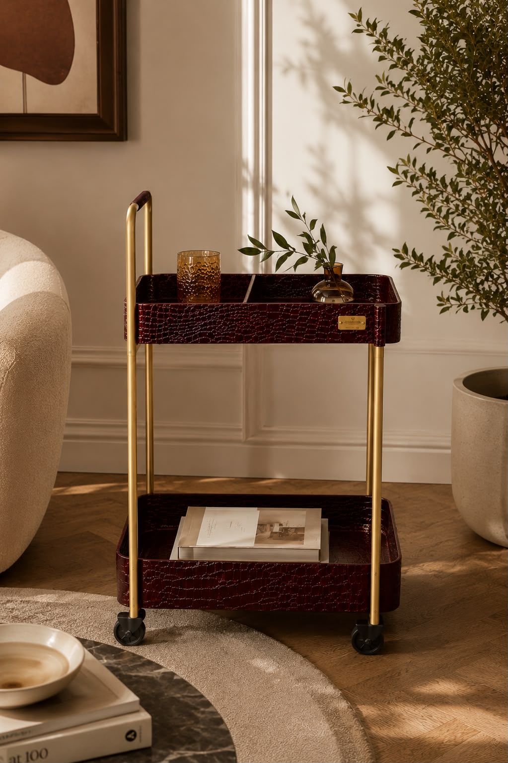 Luxe Burgundy Crocodile Bar Cart