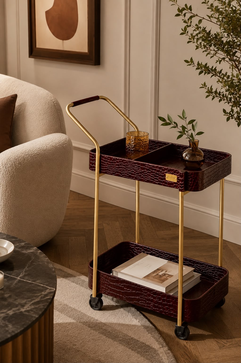 Luxe Burgundy Crocodile Bar Cart