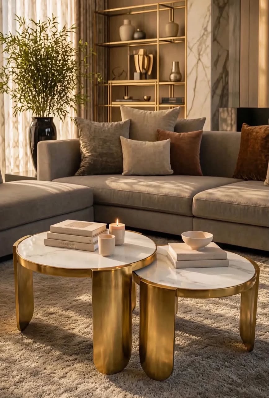 Celeste Duo White Marble Gold Coffe Tables Set of 2
