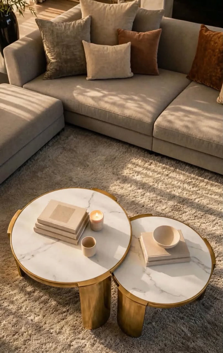 Celeste Duo White Marble Gold Coffe Tables Set of 2