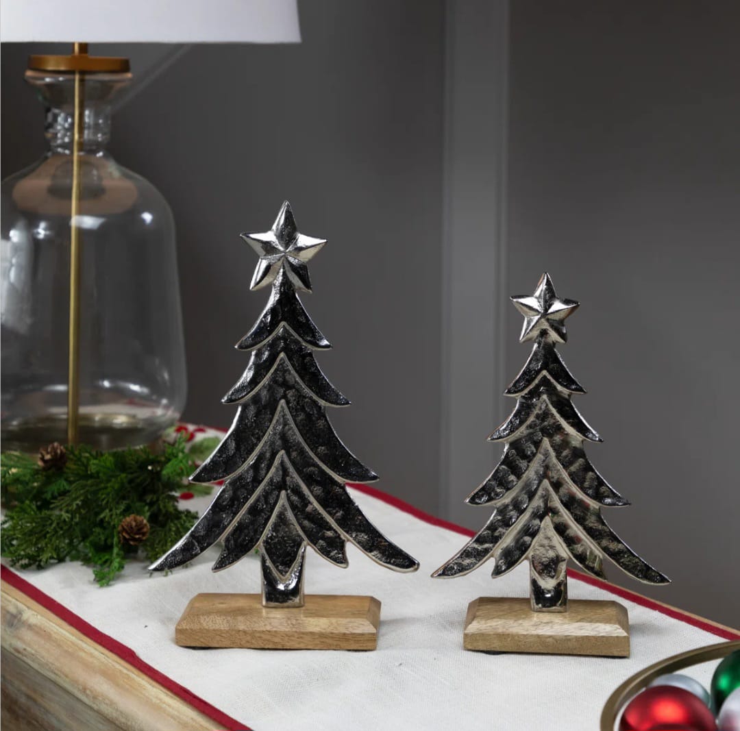 Pine Trees Textured Metal Christmas Tabletop Decorations Set Of 2