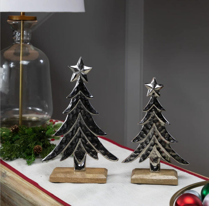 Pine Trees Textured Metal Christmas Tabletop Decorations Set Of 2