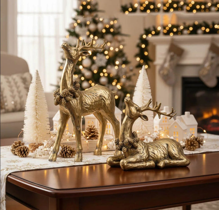 Zara  Sitting Reindeer Christmas Figures - Gold - Set Of 2