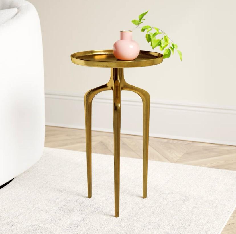 Jody Aluminum Gold Metal Tray Inspired Top Side End Accent Table with 3 Tripod Legs