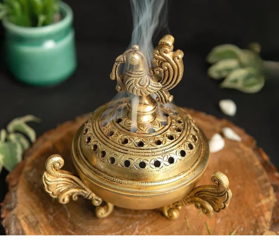 Brass Peacock Dhoop Dani Pot: Loban Bakhoor Burner, Pooja Decor