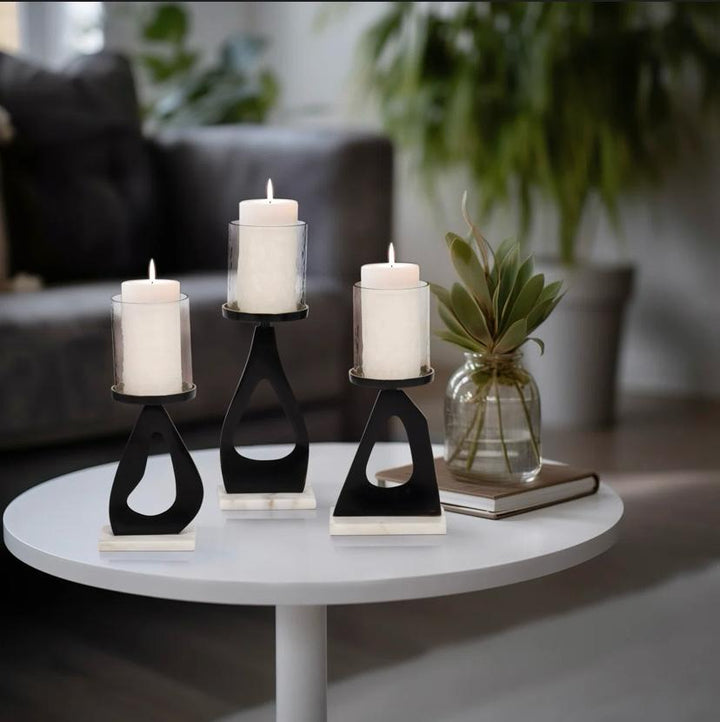 Elegant Aluminum, Marble, and Glass Candle Holders
