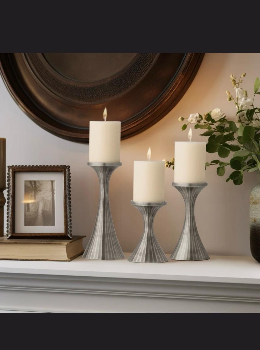 Set of 3 Aluminum Handmade Decorative Pillar Candle Holders (Pewter)
