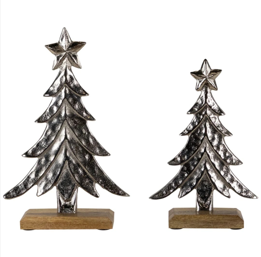 Pine Trees Textured Metal Christmas Tabletop Decorations Set Of 2