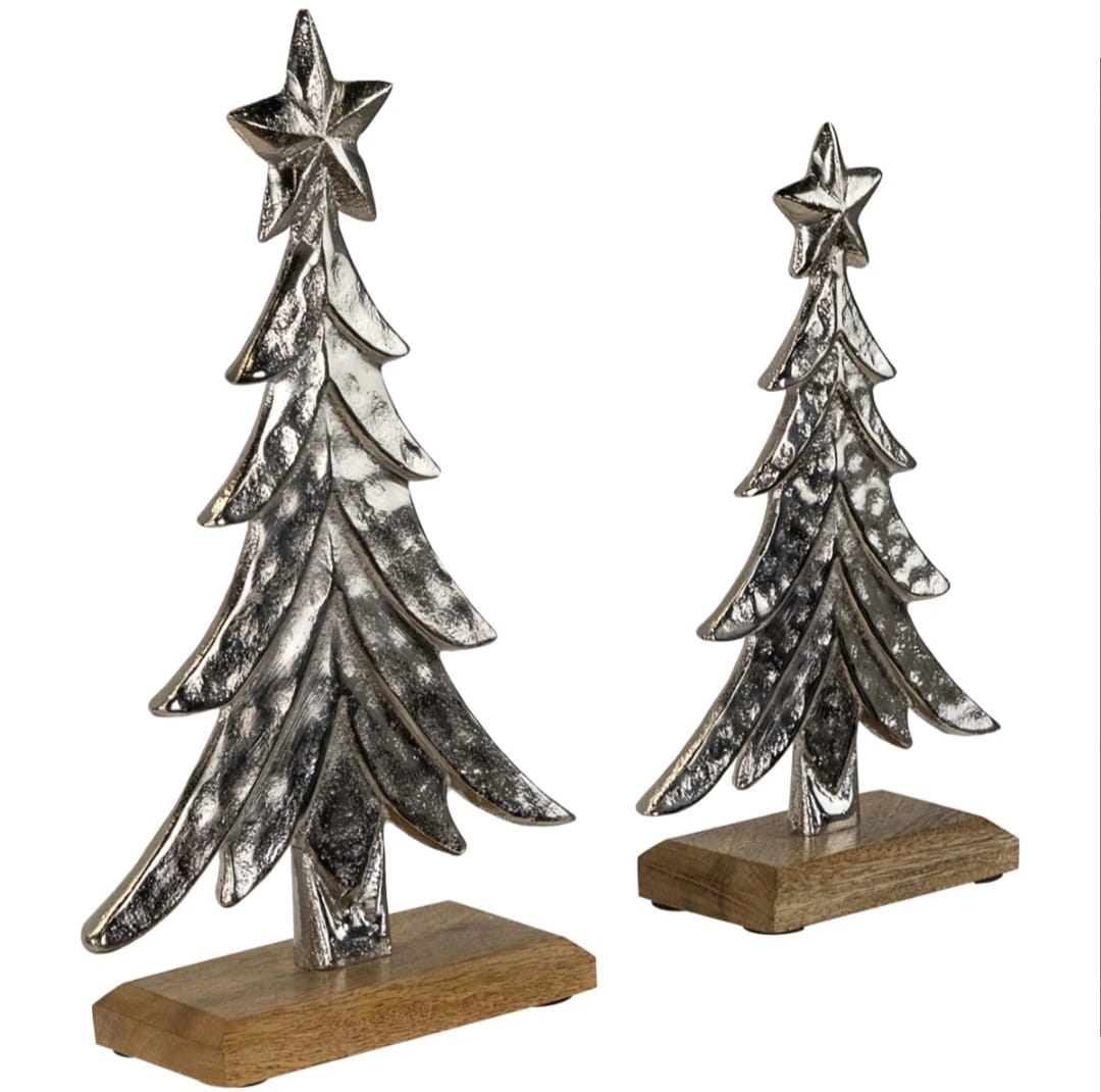 Pine Trees Textured Metal Christmas Tabletop Decorations Set Of 2