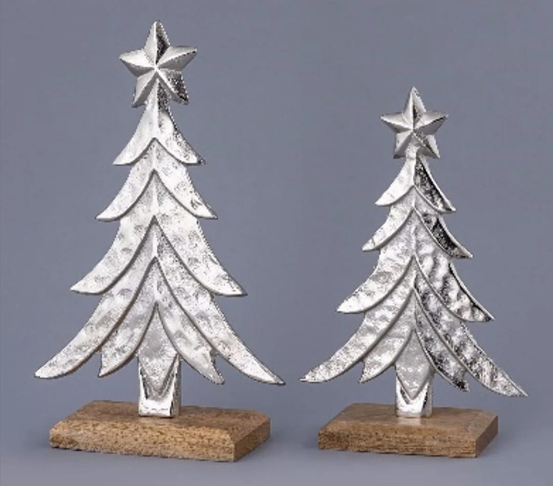 Pine Trees Textured Metal Christmas Tabletop Decorations Set Of 2