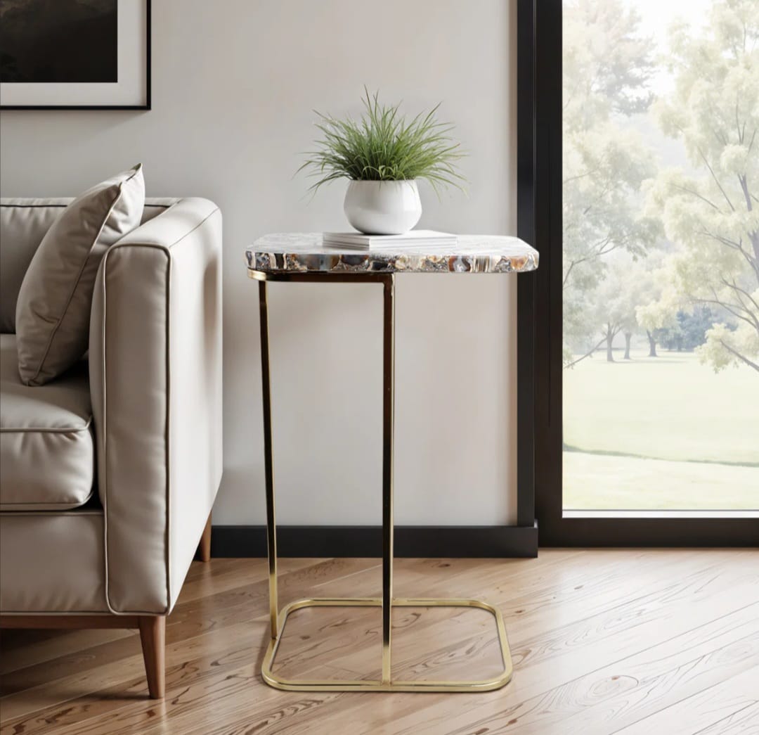 Evlin Side Table with Agate Top and Gold Meta