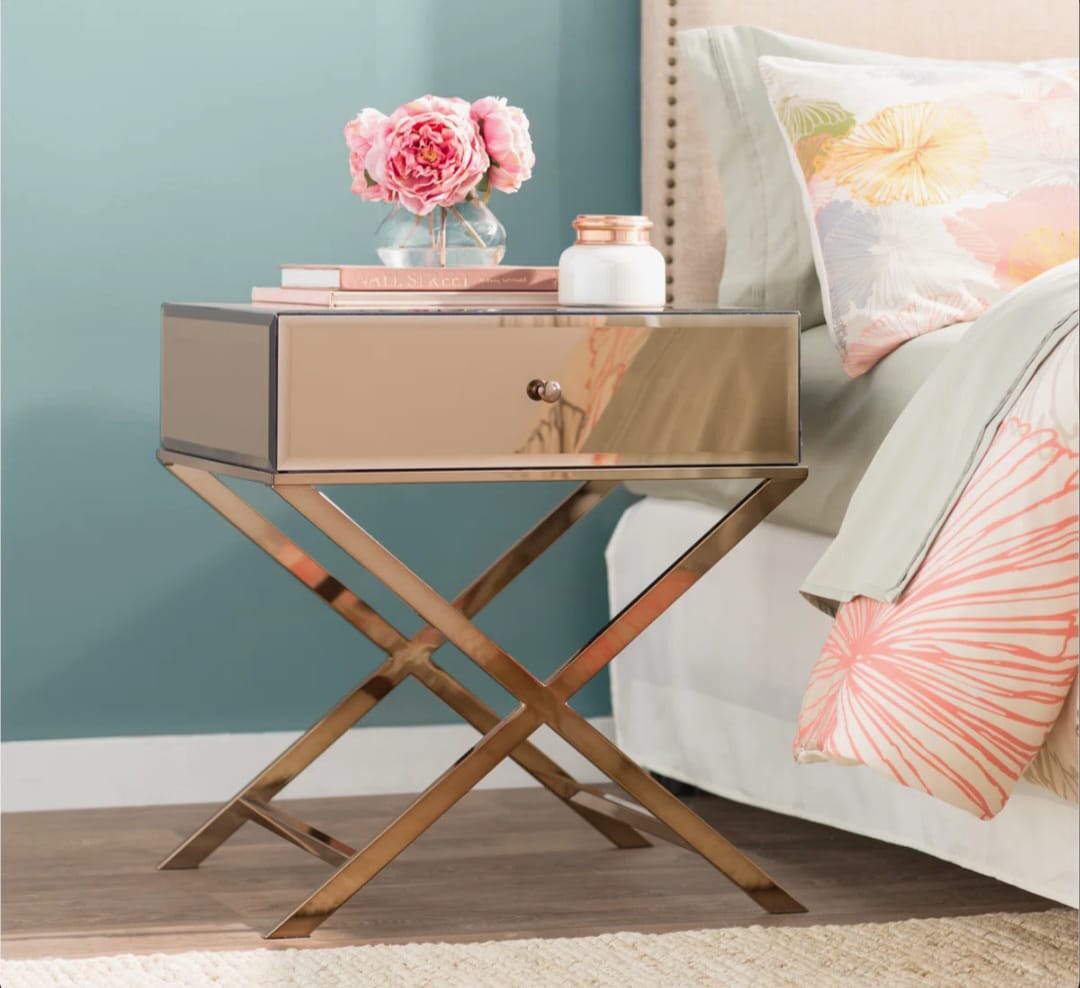 Nyasha Mirrored Glass Top End Table with Storage