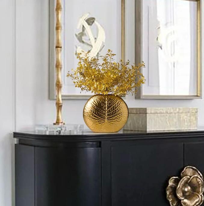 Bronze Gold Luxury Artificial Plants In Vase Creative Aluminum  Vase Artificial Plants Set