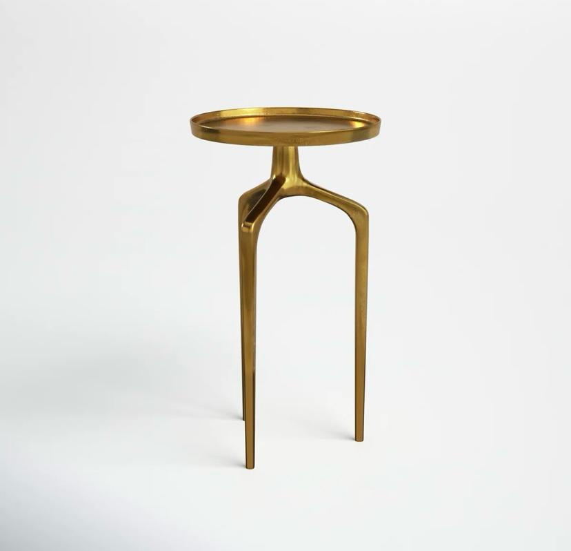 Jody Aluminum Gold Metal Tray Inspired Top Side End Accent Table with 3 Tripod Legs