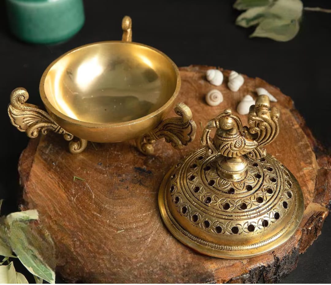 Brass Peacock Dhoop Dani Pot: Loban Bakhoor Burner, Pooja Decor