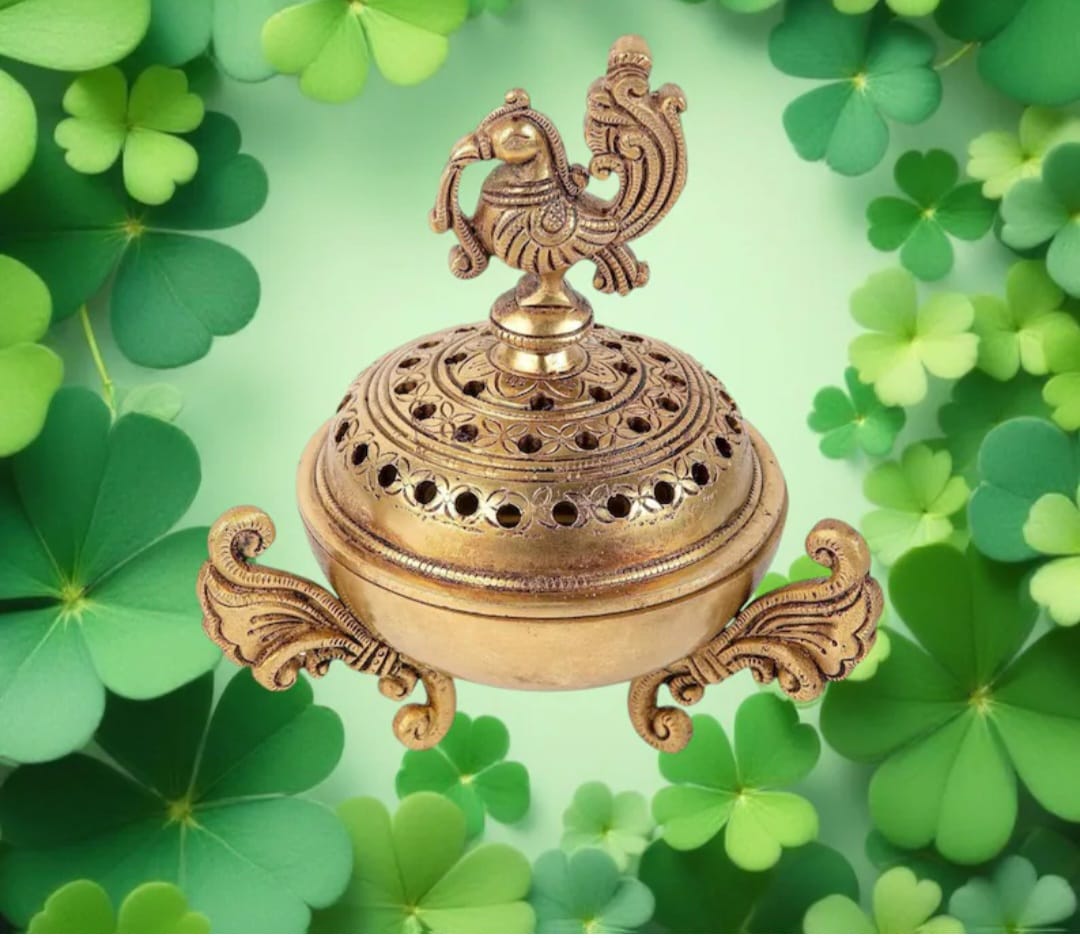 Brass Peacock Dhoop Dani Pot: Loban Bakhoor Burner, Pooja Decor