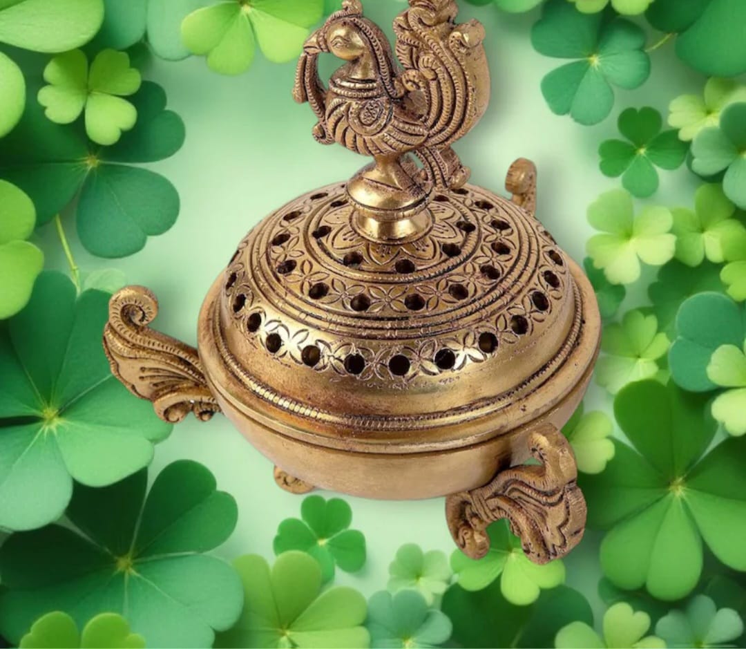 Brass Peacock Dhoop Dani Pot: Loban Bakhoor Burner, Pooja Decor