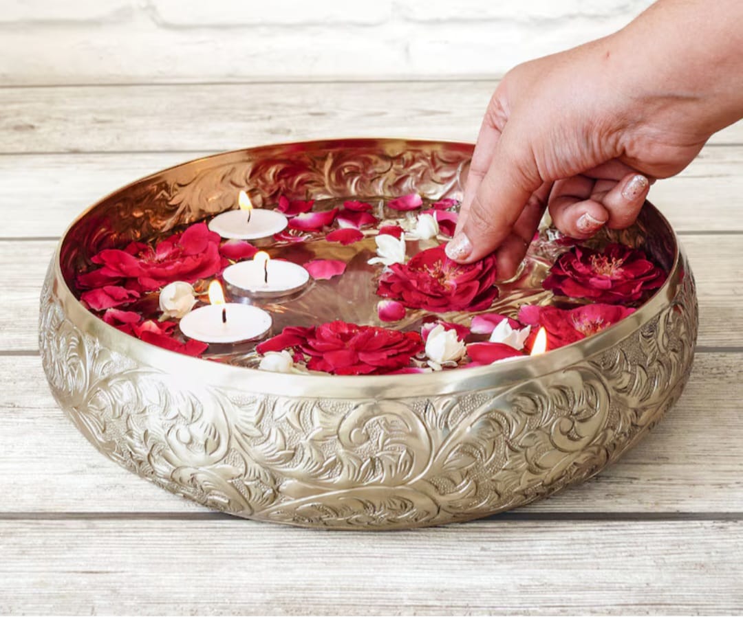 Traditional Indian Bowl, Meditation Bowl for Spa, Urli For Floating Flower, Light Gold Bowl, Ethnic Gift, Thanksgiving Gift