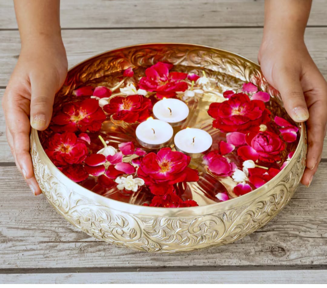 Traditional Indian Bowl, Meditation Bowl for Spa, Urli For Floating Flower, Light Gold Bowl, Ethnic Gift, Thanksgiving Gift