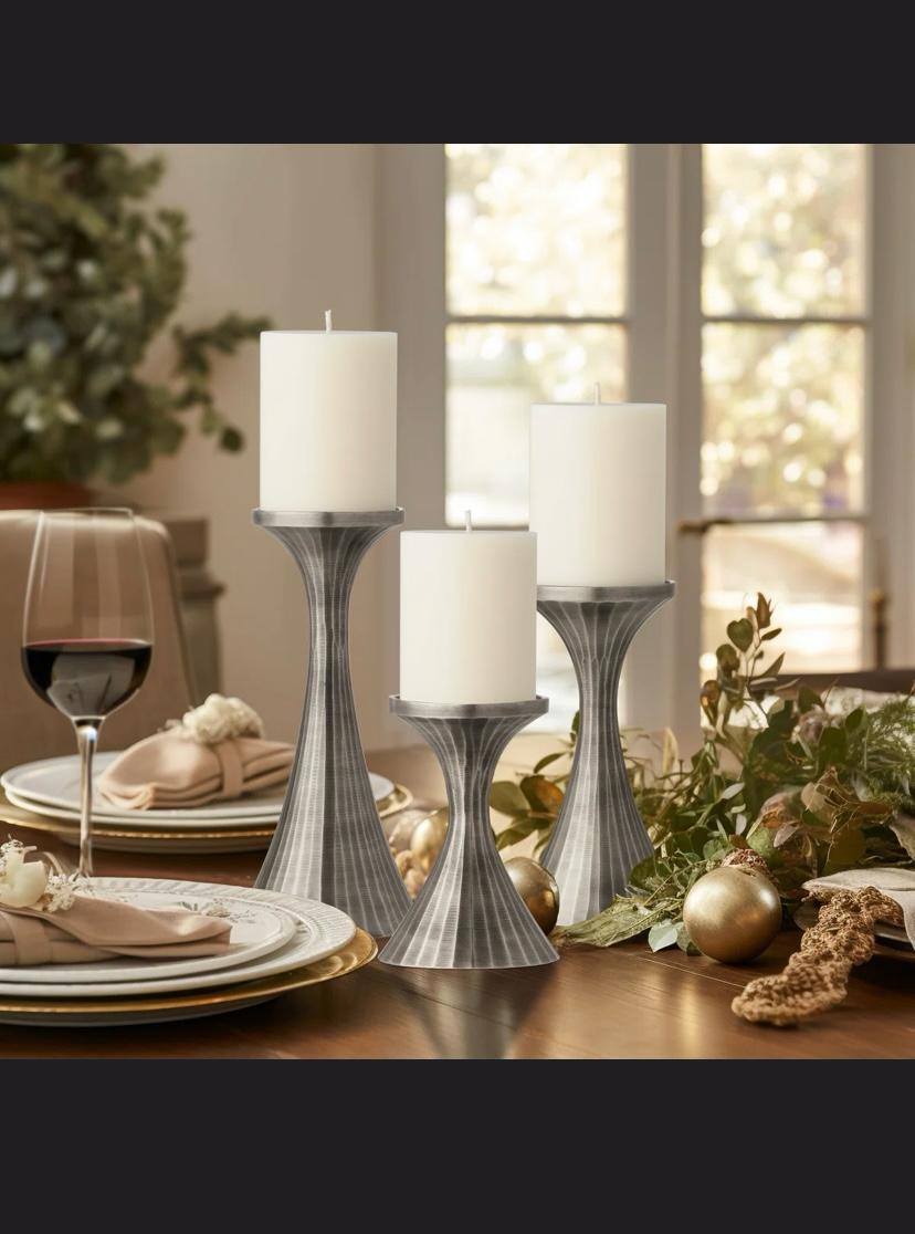 Set of 3 Aluminum Handmade Decorative Pillar Candle Holders (Pewter)