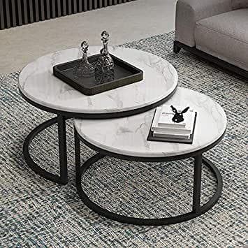 homerox Flack Metal and Marble Centre/Nesting/Coffe Table Set of 2 for Living Room (Black)